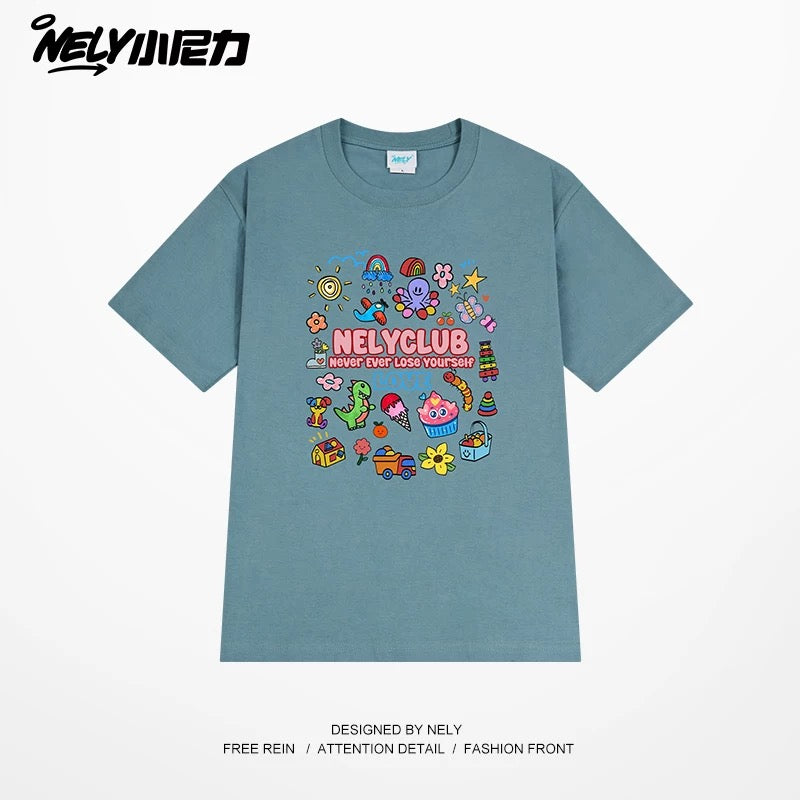 NELY Little Nelly Cartoon Childish Print Short-sleeved T-shirt for Men and Women Summer Fashion Brand All-match Loose Heavy Cotton Top