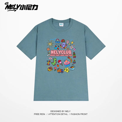NELY Little Nelly Cartoon Childish Print Short-sleeved T-shirt for Men and Women Summer Fashion Brand All-match Loose Heavy Cotton Top