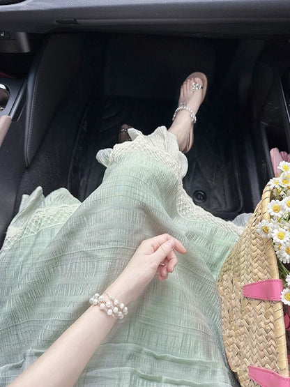 French high-end lace-up V-neck short-sleeved shirt women's new summer suit high-waisted temperament skirt two-piece set