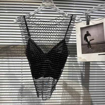 [In Stock] 2026 Fashion Show Sexy Socialite Mesh Rhinestone Lined Heavy-Duty Tank Top Two-Piece Set