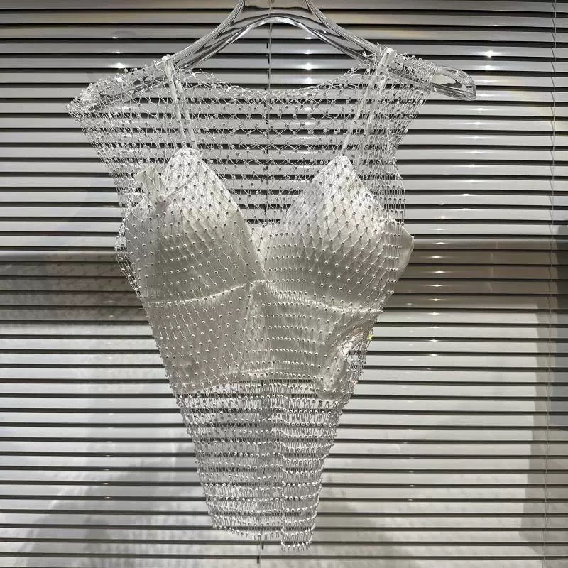 [In Stock] 2026 Fashion Show Sexy Socialite Mesh Rhinestone Lined Heavy-Duty Tank Top Two-Piece Set
