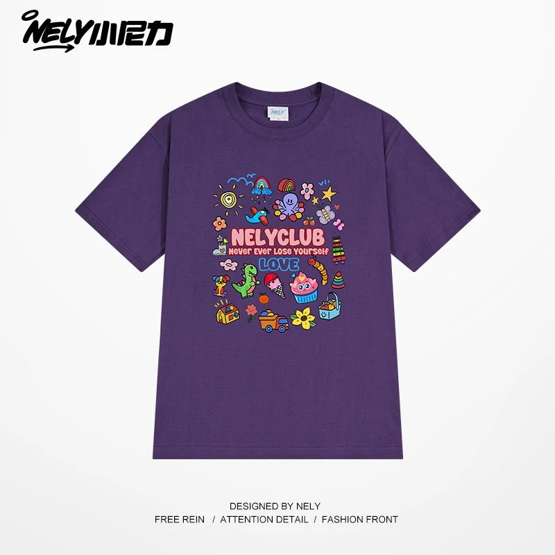 NELY Little Nelly Cartoon Childish Print Short-sleeved T-shirt for Men and Women Summer Fashion Brand All-match Loose Heavy Cotton Top