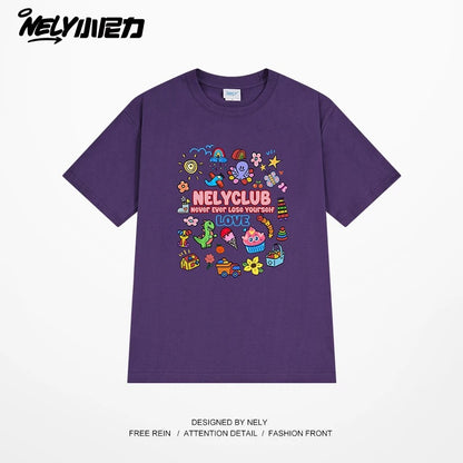 NELY Little Nelly Cartoon Childish Print Short-sleeved T-shirt for Men and Women Summer Fashion Brand All-match Loose Heavy Cotton Top