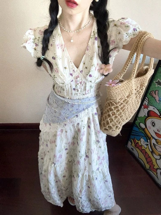 Romantic French embroidery floral V-neck dress women's summer new sweet and exquisite waist high-end mid-length skirt