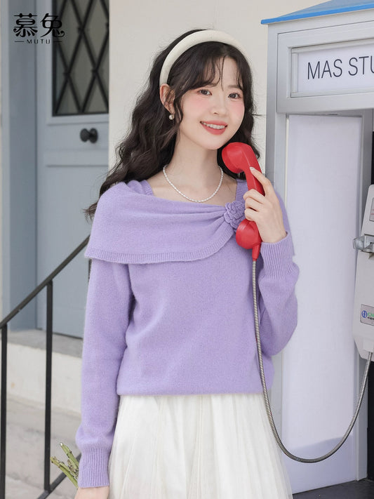 MuTu French-style gentle style 3D floral knit sweater for women, new autumn 2025 style, petite, loose long-sleeved top