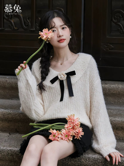 MuTu French-style bow sweater for women, 2025 winter new style, gentle, lazy, loose knitted top