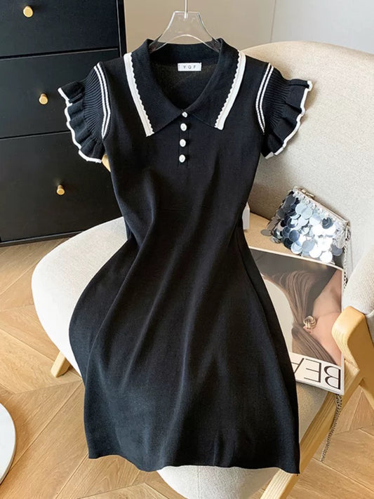 College Style Feifei Sleeve Knitted Dress Women's Summer Contrast Color Polo Neck Waist Bag Hip Skirt Fashion Age-Reducing Short Skirt