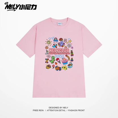 NELY Little Nelly Cartoon Childish Print Short-sleeved T-shirt for Men and Women Summer Fashion Brand All-match Loose Heavy Cotton Top