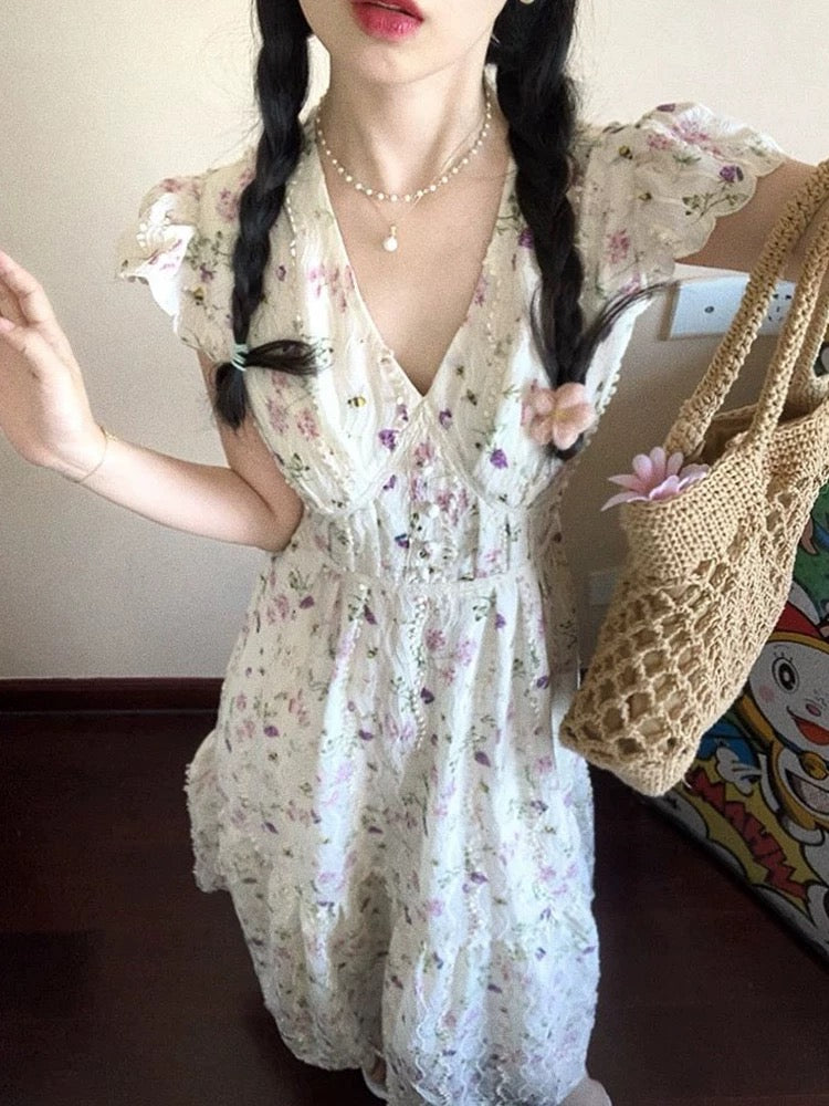 Romantic French embroidery floral V-neck dress women's summer new sweet and exquisite waist high-end mid-length skirt