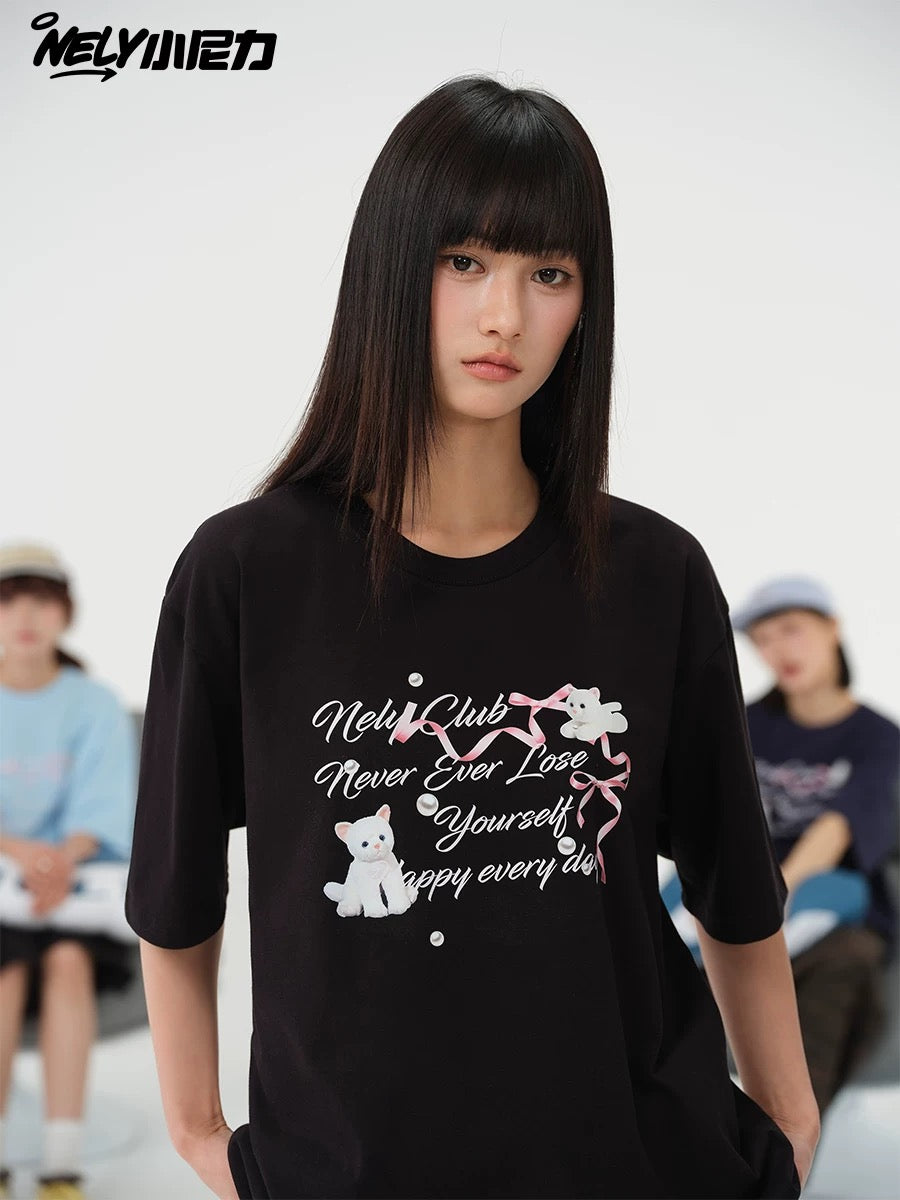 NELY American letter bow short-sleeved men's and women's design T-shirt pure cotton loose couple tops trendy