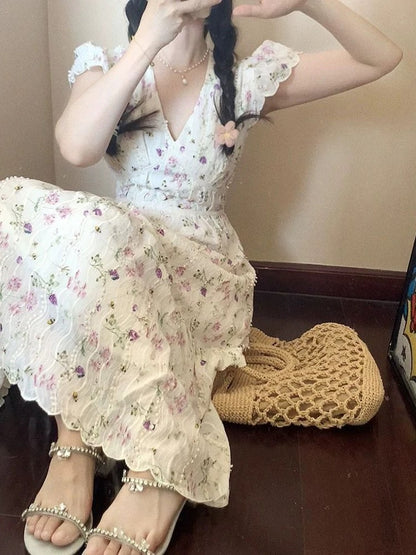 Romantic French embroidery floral V-neck dress women's summer new sweet and exquisite waist high-end mid-length skirt