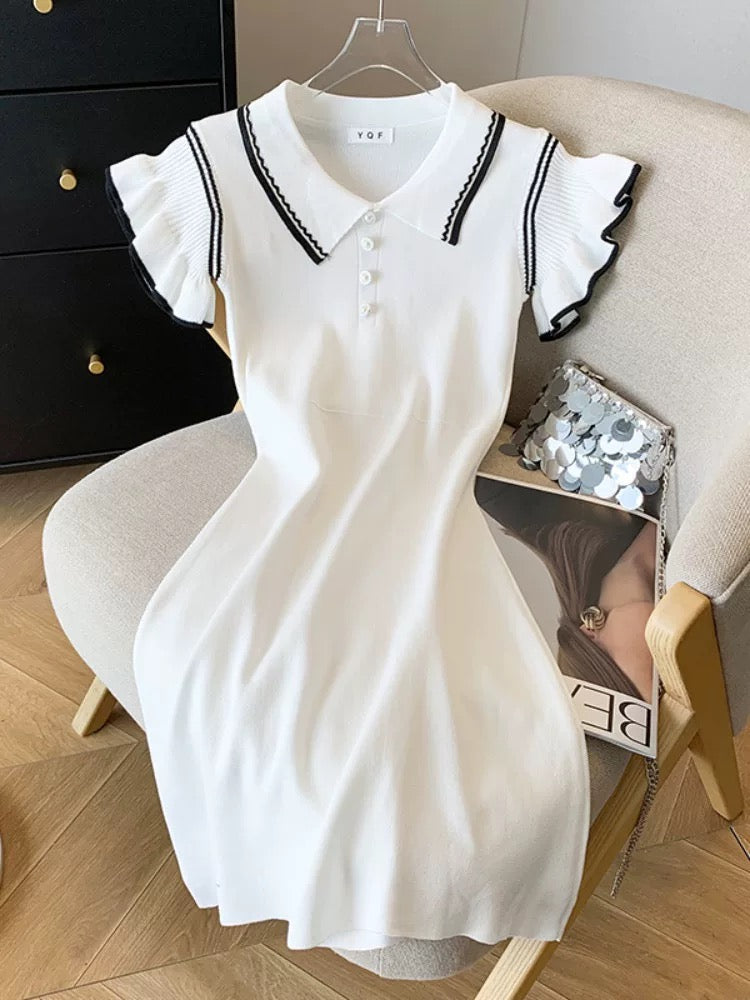 College Style Feifei Sleeve Knitted Dress Women's Summer Contrast Color Polo Neck Waist Bag Hip Skirt Fashion Age-Reducing Short Skirt