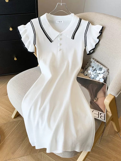 College Style Feifei Sleeve Knitted Dress Women's Summer Contrast Color Polo Neck Waist Bag Hip Skirt Fashion Age-Reducing Short Skirt