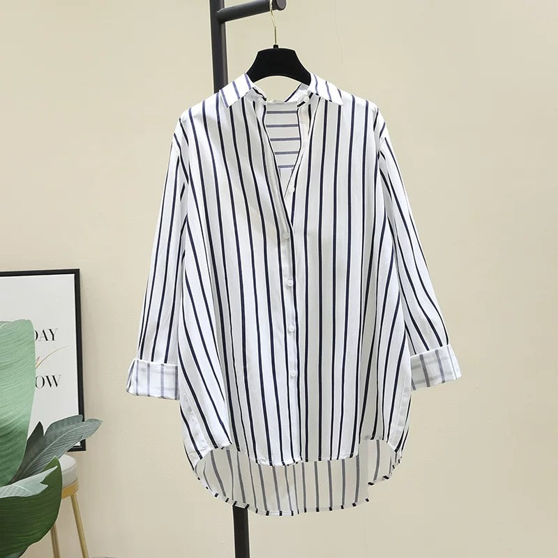 Blue vertical striped shirt for women 2024 early spring new loose casual versatile shirt temperament long-sleeved top jacket