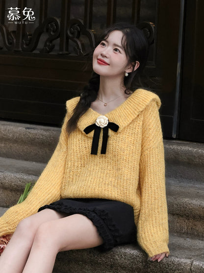 MuTu French-style bow sweater for women, 2025 winter new style, gentle, lazy, loose knitted top