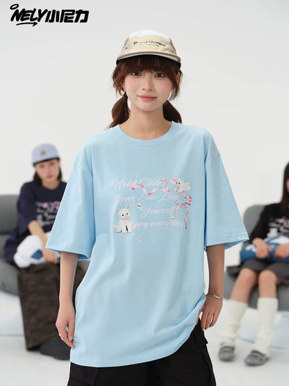 NELY American letter bow short-sleeved men's and women's design T-shirt pure cotton loose couple tops trendy