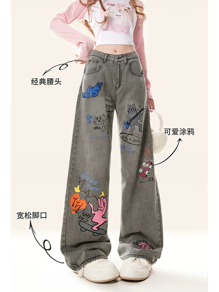 Natural astringent cartoon printed American high-waisted jeans 2024 new women's spring and autumn wide-leg loose straight pants