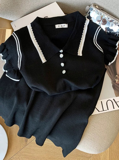 College Style Feifei Sleeve Knitted Dress Women's Summer Contrast Color Polo Neck Waist Bag Hip Skirt Fashion Age-Reducing Short Skirt