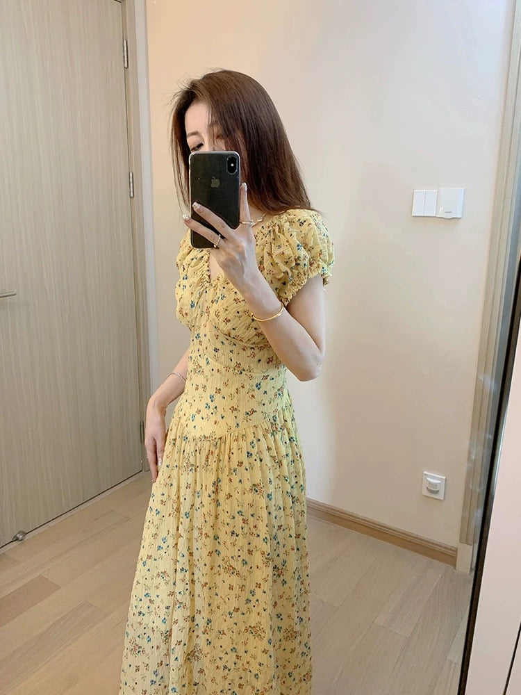 French tea break v-neck puff sleeve dress for women summer new style gentle yellow floral waist-length mid-length skirt