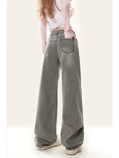 Natural astringent cartoon printed American high-waisted jeans 2024 new women's spring and autumn wide-leg loose straight pants