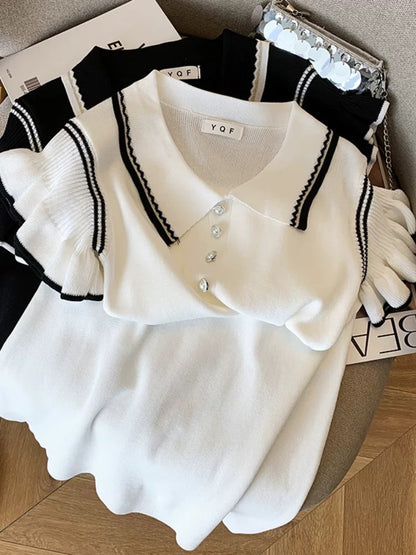 College Style Feifei Sleeve Knitted Dress Women's Summer Contrast Color Polo Neck Waist Bag Hip Skirt Fashion Age-Reducing Short Skirt