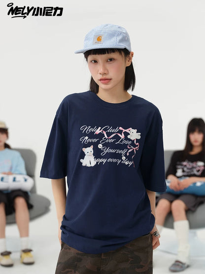 NELY American letter bow short-sleeved men's and women's design T-shirt pure cotton loose couple tops trendy