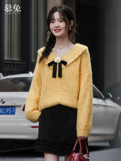 MuTu French-style bow sweater for women, 2025 winter new style, gentle, lazy, loose knitted top