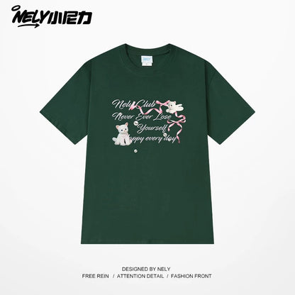 NELY American letter bow short-sleeved men's and women's design T-shirt pure cotton loose couple tops trendy