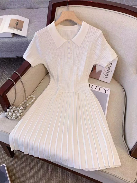College style polo collar knitted short-sleeved dress women's summer waist-cinching A-line pleated skirt petite slimming mid-length skirt