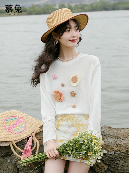 MuTu Lazy Style Loose Thin Sun Protection Long-Sleeved T-Shirt Women's 2025 Summer New Sweet Three-Dimensional Floral Top