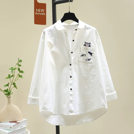 Designed embroidered fishbone white shirt for women 2024 spring and autumn new style literary style loose age-reducing shirt bottoming top