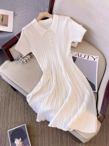College style polo collar knitted short-sleeved dress women's summer waist-cinching A-line pleated skirt petite slimming mid-length skirt