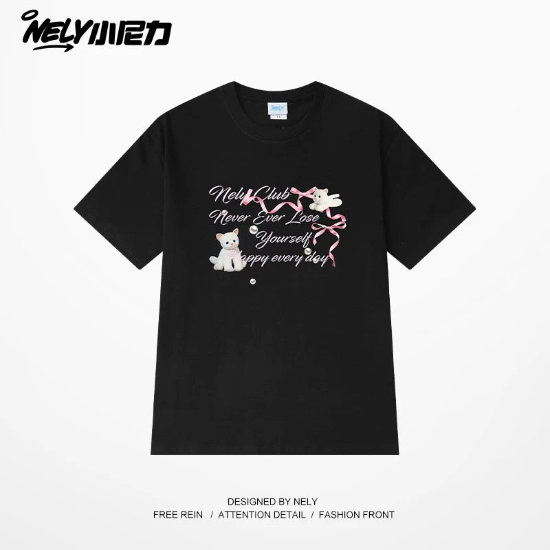 NELY American letter bow short-sleeved men's and women's design T-shirt pure cotton loose couple tops trendy