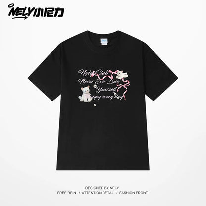 NELY American letter bow short-sleeved men's and women's design T-shirt pure cotton loose couple tops trendy