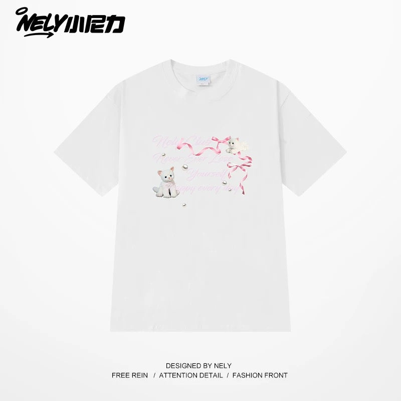 NELY American letter bow short-sleeved men's and women's design T-shirt pure cotton loose couple tops trendy