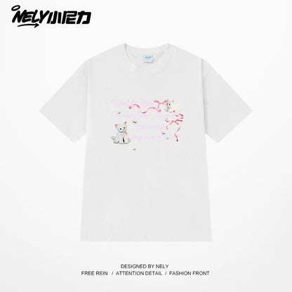 NELY American letter bow short-sleeved men's and women's design T-shirt pure cotton loose couple tops trendy