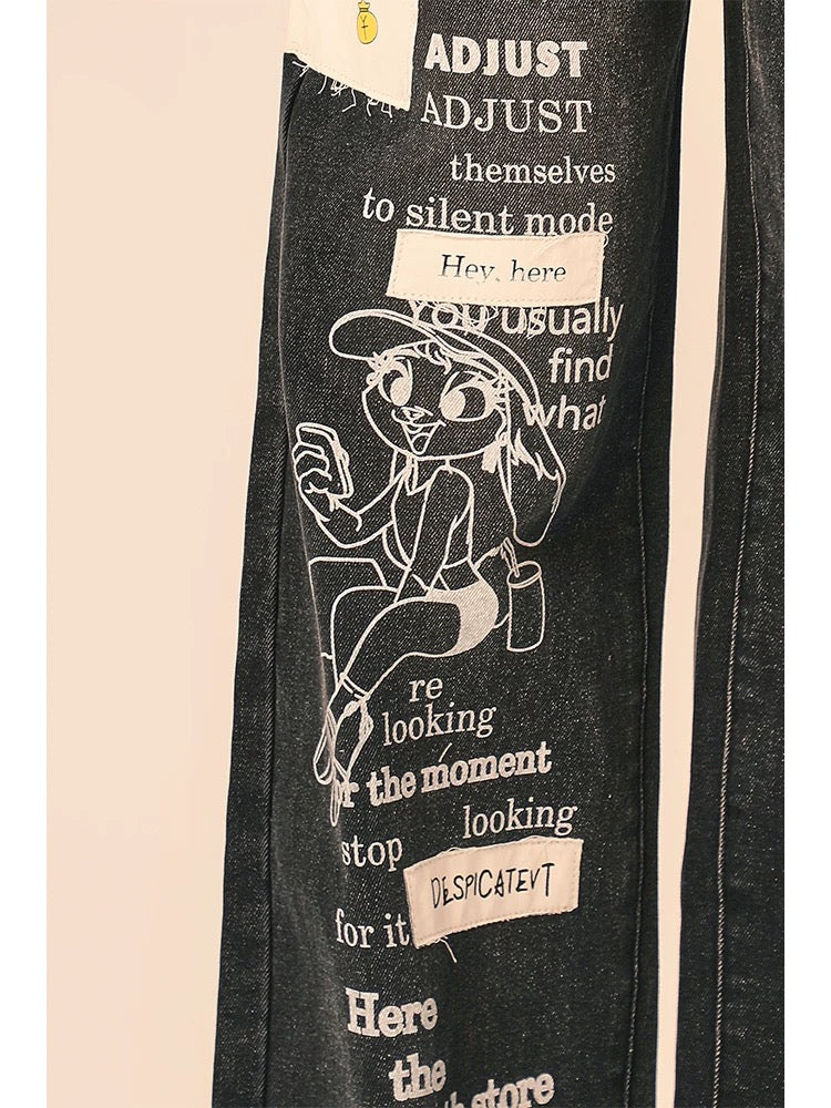 Natural black graffiti American jeans spring and autumn girly design loose straight high waist wide leg pants