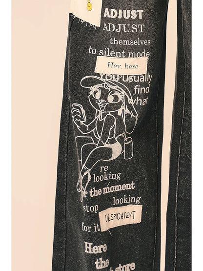 Natural black graffiti American jeans spring and autumn girly design loose straight high waist wide leg pants