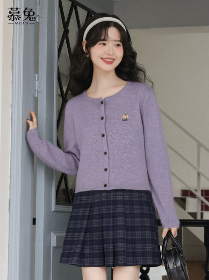 MuTu Gentle Style Purple Sweater Cardigan for Women, 2025 Winter New Style, Long-Sleeved Knitted Cardigan with Bear Embroidery
