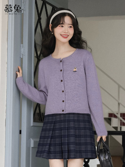 MuTu Gentle Style Purple Sweater Cardigan for Women, 2025 Winter New Style, Long-Sleeved Knitted Cardigan with Bear Embroidery