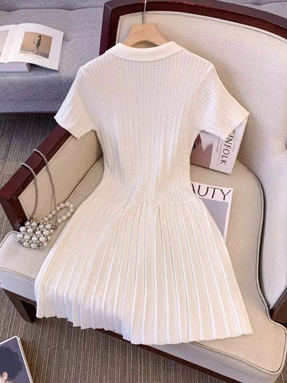 College style polo collar knitted short-sleeved dress women's summer waist-cinching A-line pleated skirt petite slimming mid-length skirt