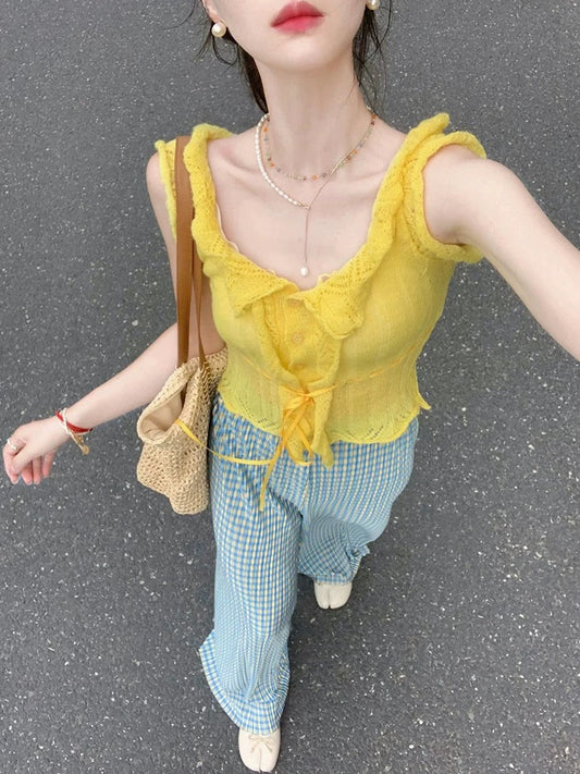 Pure lust hot girl crocheted lace-up knitted vest for women summer new style pure and sweet niche sleeveless suspender top