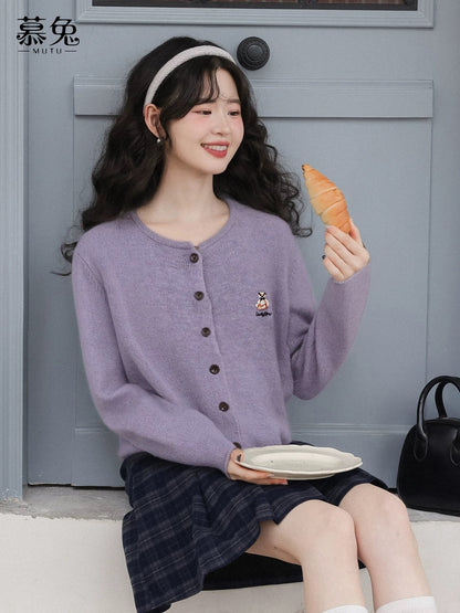 MuTu Gentle Style Purple Sweater Cardigan for Women, 2025 Winter New Style, Long-Sleeved Knitted Cardigan with Bear Embroidery