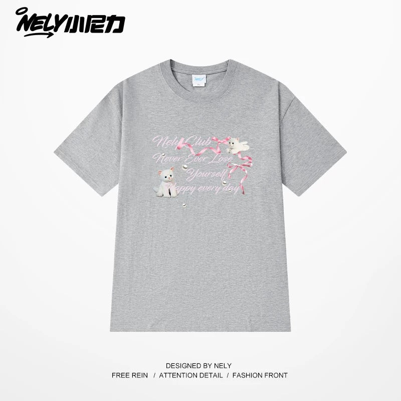 NELY American letter bow short-sleeved men's and women's design T-shirt pure cotton loose couple tops trendy