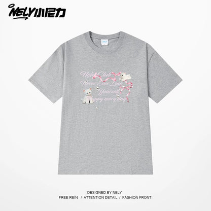 NELY American letter bow short-sleeved men's and women's design T-shirt pure cotton loose couple tops trendy