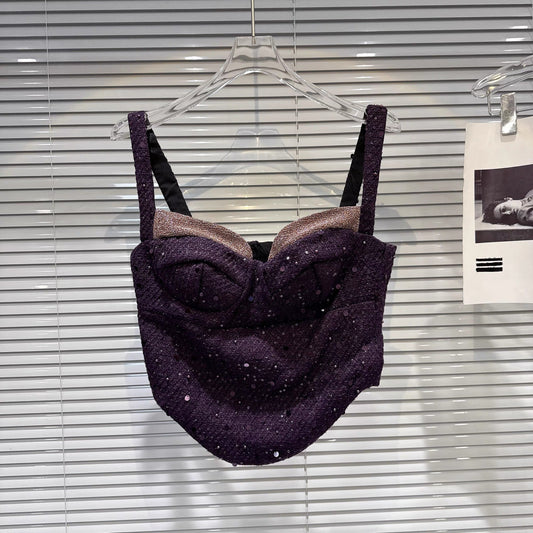 [In Stock] 2026 Spring New Arrival-Style Embroidered Sequin Tweed Herringbone Waist-Cut Cropped Tank Top