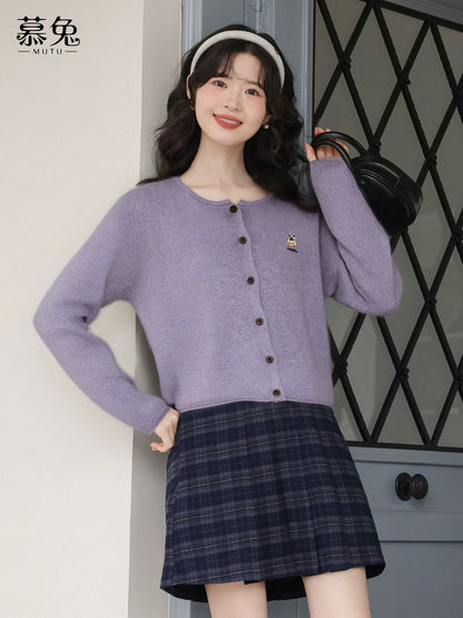 MuTu Gentle Style Purple Sweater Cardigan for Women, 2025 Winter New Style, Long-Sleeved Knitted Cardigan with Bear Embroidery