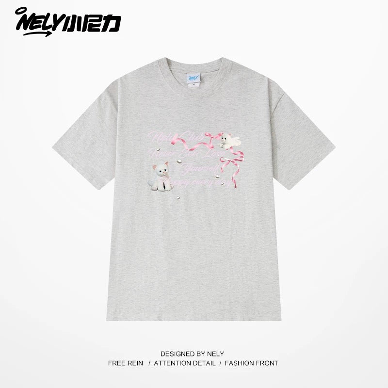 NELY American letter bow short-sleeved men's and women's design T-shirt pure cotton loose couple tops trendy