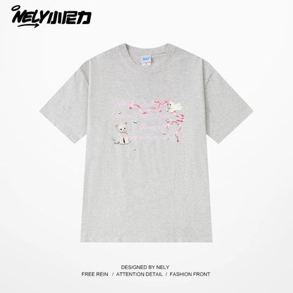 NELY American letter bow short-sleeved men's and women's design T-shirt pure cotton loose couple tops trendy