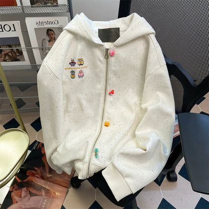 Milk fufu lazy cute SpongeBob embroidered sweatshirt men and women spring and autumn Hong Kong style small hooded jacket cardigan